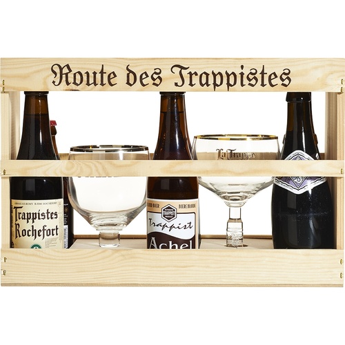 COFFRET ROUTE DES TRAPPISTES COFFRET BOIS 6 Bts + 2 VERRES